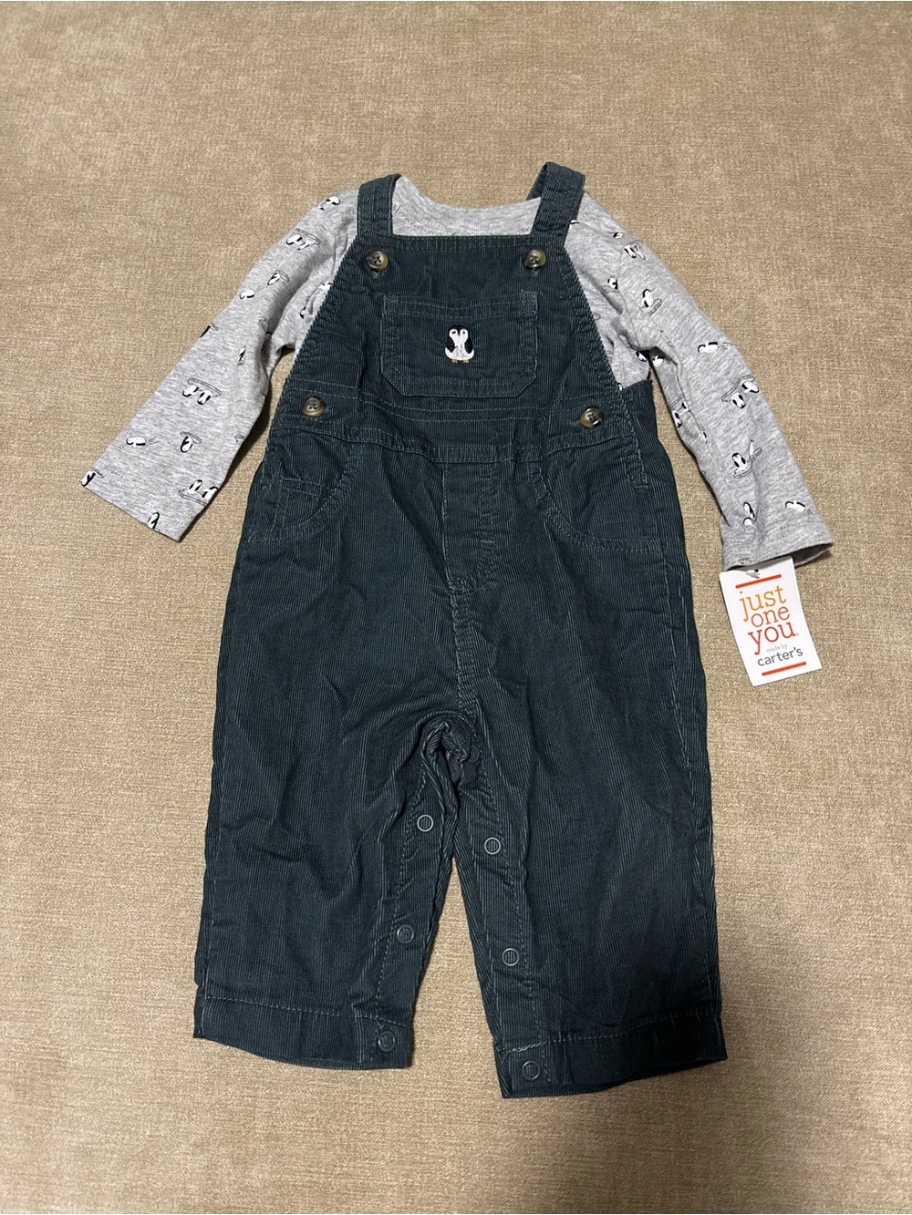 Carter's Navy Corduroy Overalls with Grey Penguin Long-Sleeve Tee